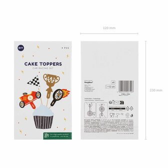 PartyDeco Cupcake Toppers - Auto&#039;s - 12cm pk/4