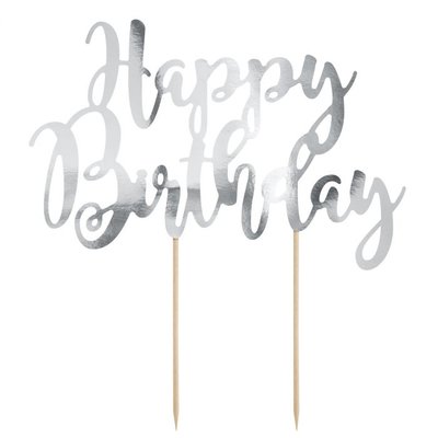 PartyDeco Cake Topper Happy Birthday Argent